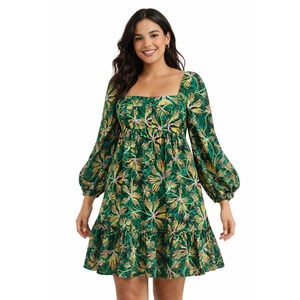 NEW ULLA JOHNSON Dress 12 Cotton Square Neck Pockets Green Yellow Floral Ruffle